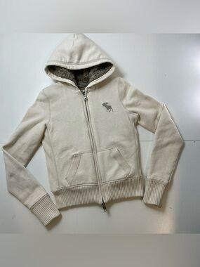 Abercrombie & Fitch Y2K Faux Fur Lined Zip Up Hoodie Cream Moose size M Vintage